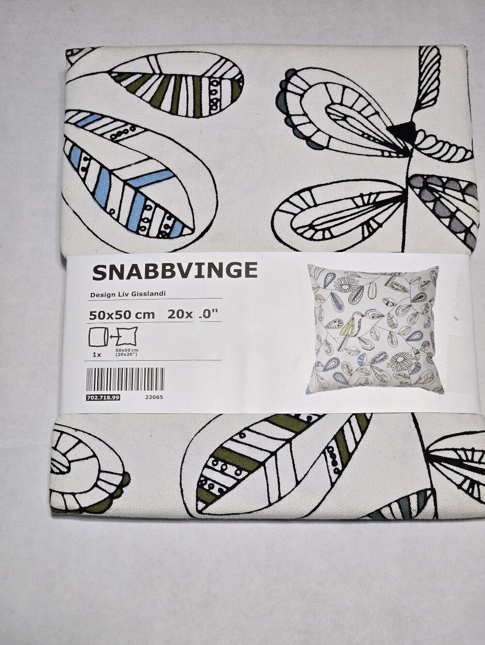 IKEA SNABBVINGE Cushion Cover 20x20” Black White Blue Olive Birds Nature Leaves